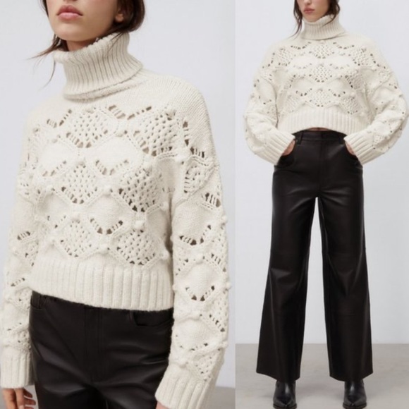 Zara oversized Turtleneck Pom Pom Cable Knit Sweater - Picture 2 of 10